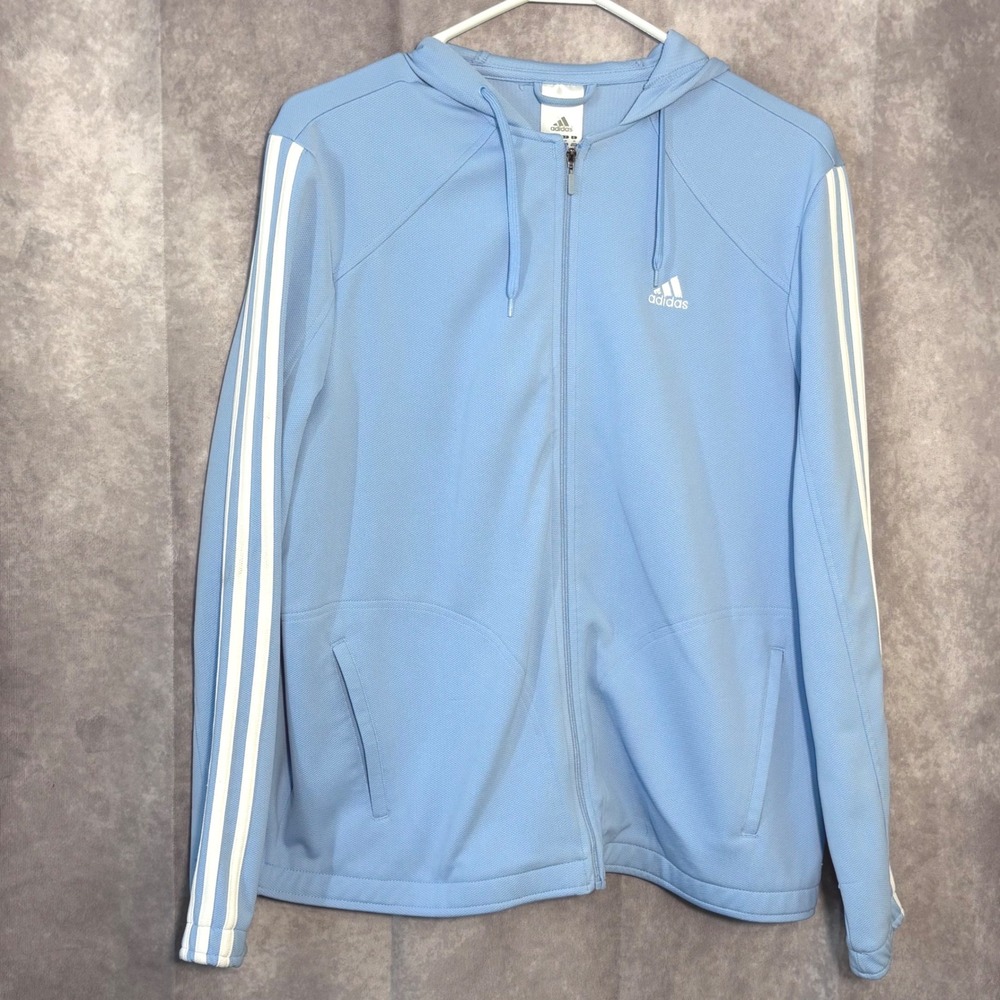 Adidas Women's Large Y2k Climalite Blue Full Zip Hoodie Track Jacket 3 Stripes